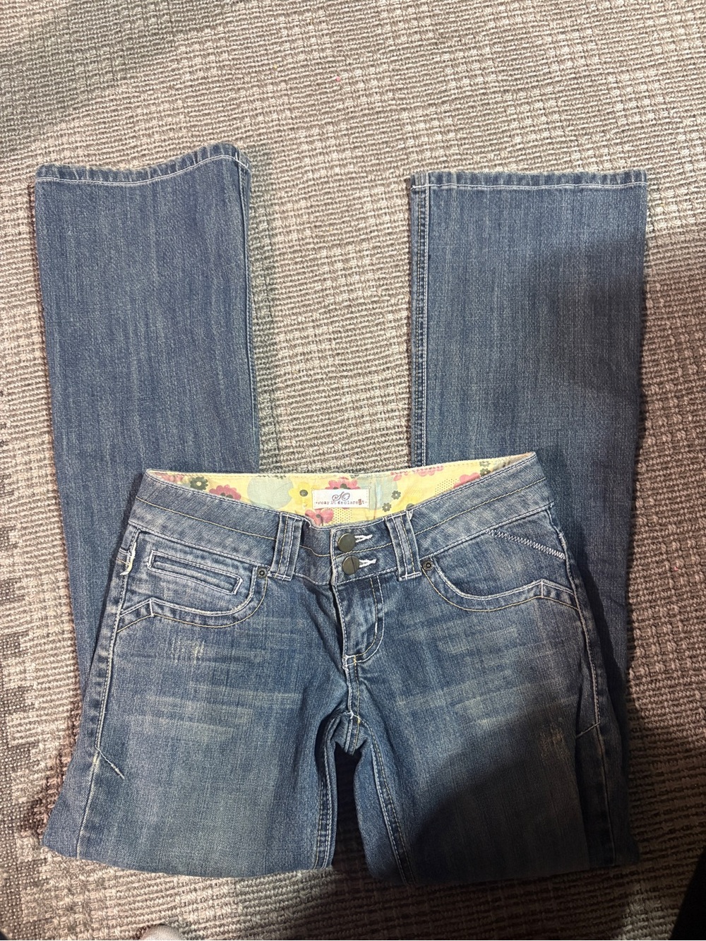 Vintage SO Women's Light Blue Denim Boot Cut Jeans with Floral Waistband